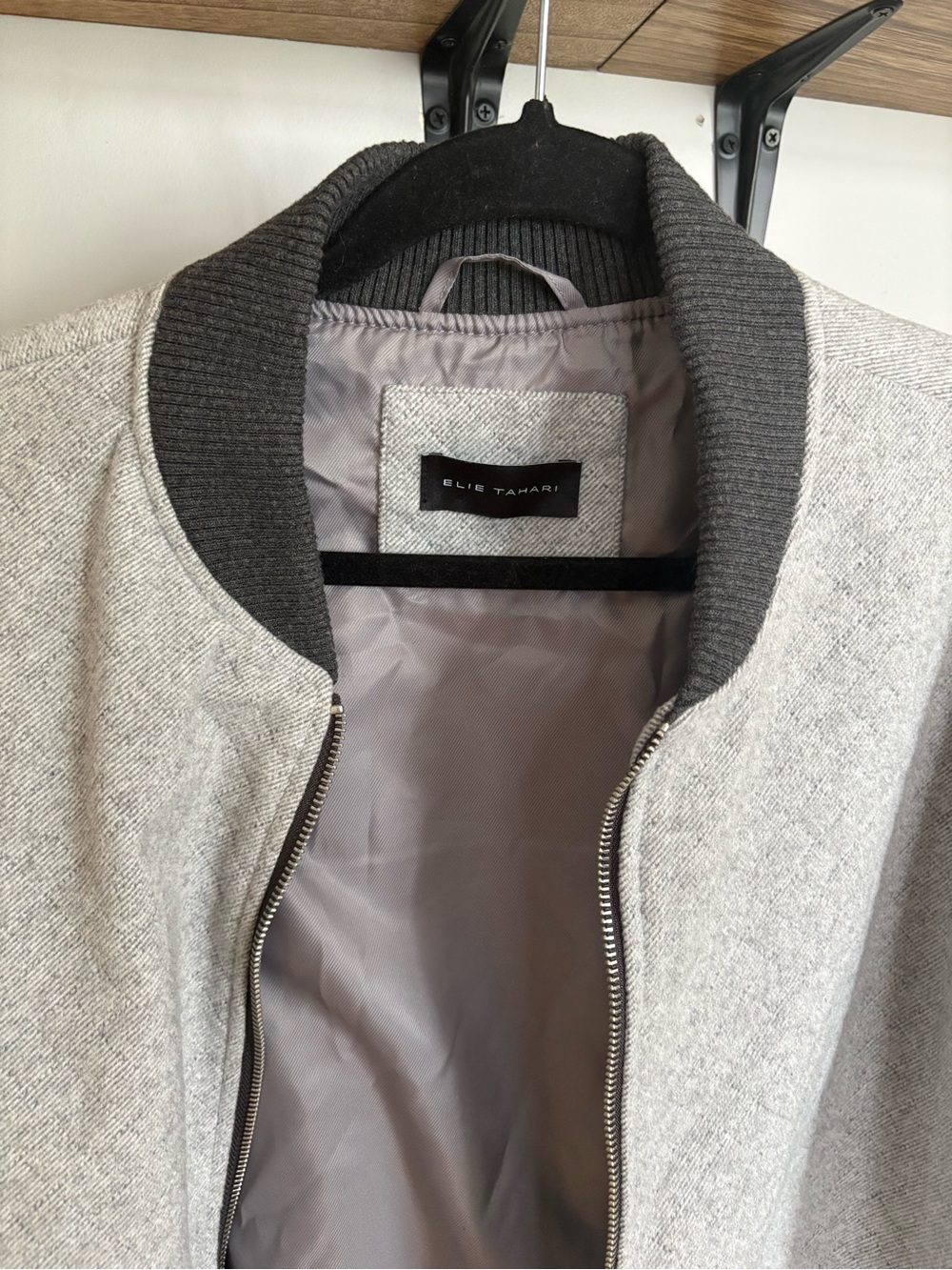 Elie Tahari Light Gray Bomber Jacket with Dark Gray Rib Collar